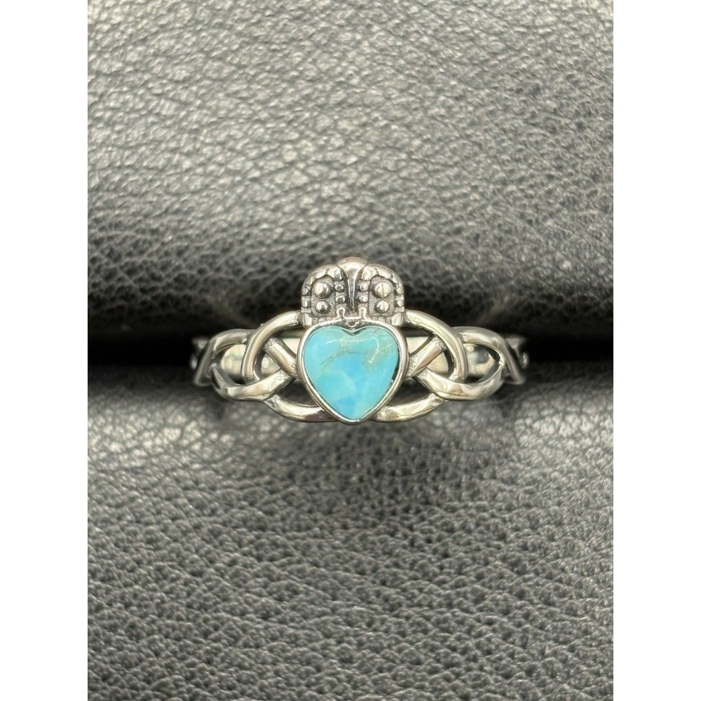 New Condition Sterling Silver Turquoise Claddagh Twist Ring Size 7 G1